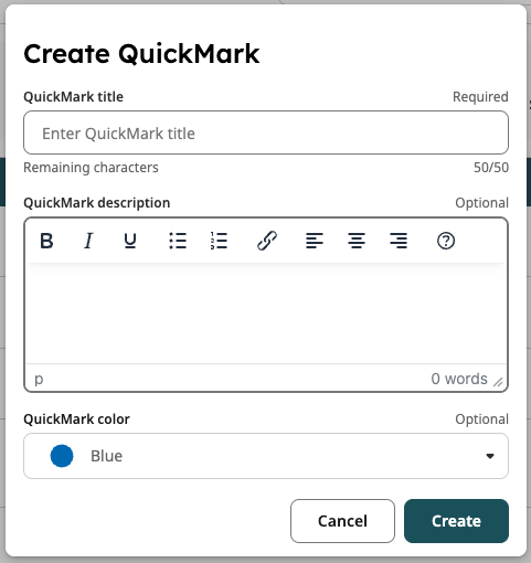 タイトルフィールド、説明フィールド、カラーフィールドを備えたQuickMark作成フォーム