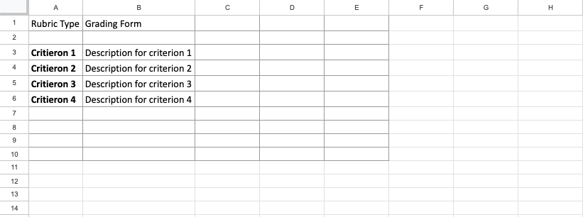Excel grading form template showing two-column layout for titles and descriptions.