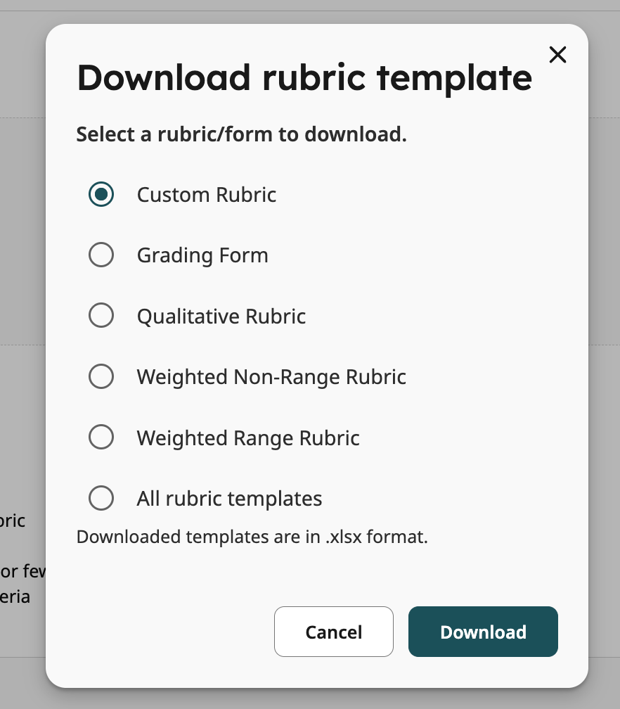 El modal Descargar plantilla de rúbrica (Download Rubric Template) que muestra las opciones disponibles para las plantillas de rúbrica.