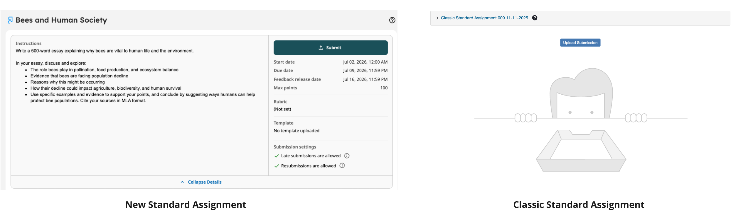 Comparison of the New Standard Assignment and Classic Standard Assignment screens