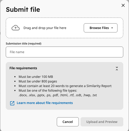File upload options for a New Standard Assignment