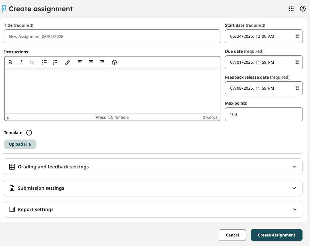 New Standard Assignment creation page with assignment details and settings